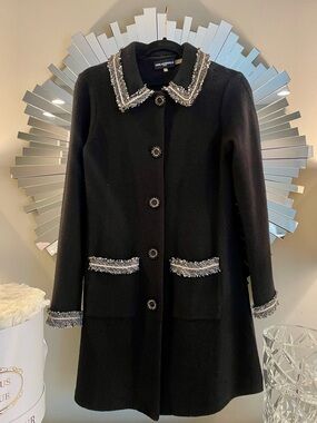 Karl Lagerfeld Black Wool Coat with Silver Tweed Trim